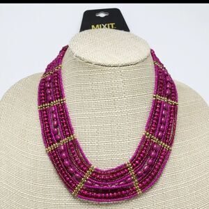 Gold Necklace with Dark Pink Glass Seed Beads by MIXIT NWT 19"